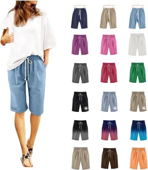 Linen Shorts for Women Summer Fashion High Waisted Bermuda Shorts Knee Length Elastic Waist Drawstring Shorts, Large