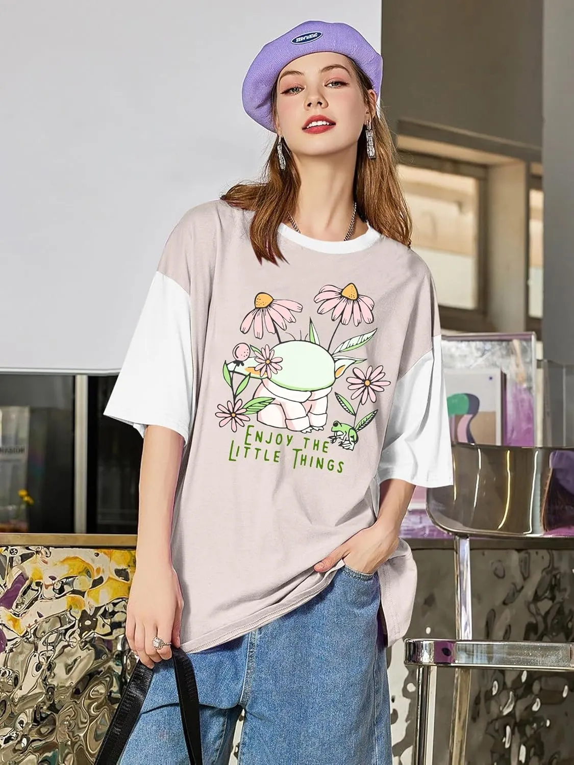 Magical Planet Shirt Women Flowers Floral Graphic Print Tshirt Magic Science Fiction Tees Casual Short Sleeve