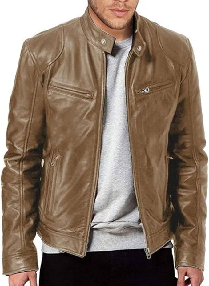 Maiyifu-GJ Men's Faux Leather Jacket Stand Collar Motorcycle Leather Jackets Casual Lightweight Zip Up Biker Coat