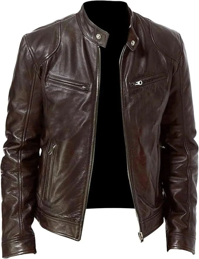 Maiyifu-GJ Men's Faux Leather Jacket Stand Collar Motorcycle Leather Jackets Casual Lightweight Zip Up Biker Coat