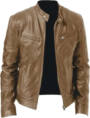 Maiyifu-GJ Men's Faux Leather Jacket Stand Collar Motorcycle Leather Jackets Casual Lightweight Zip Up Biker Coat