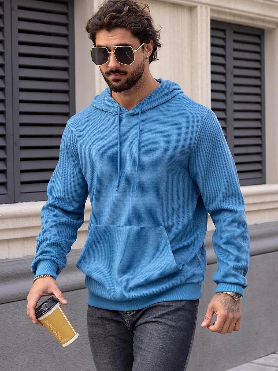 MANSDOUR Men's Hoodie Casual Long Sleeve Waffle Knit Drawstring Hoodies Pullover Sweatshirts With Pocket