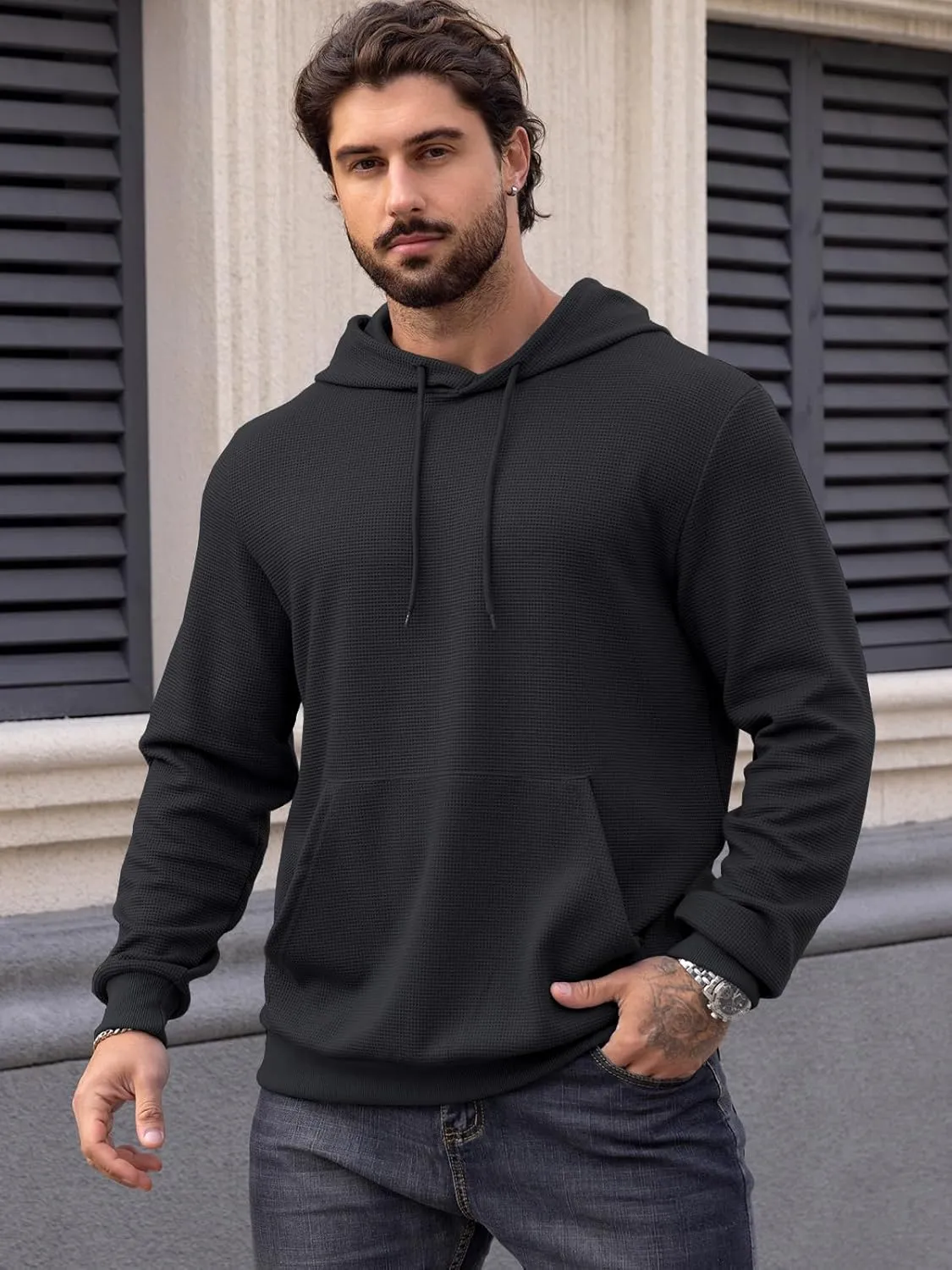 MANSDOUR Men's Hoodie Casual Long Sleeve Waffle Knit Drawstring Hoodies Pullover Sweatshirts With Pocket