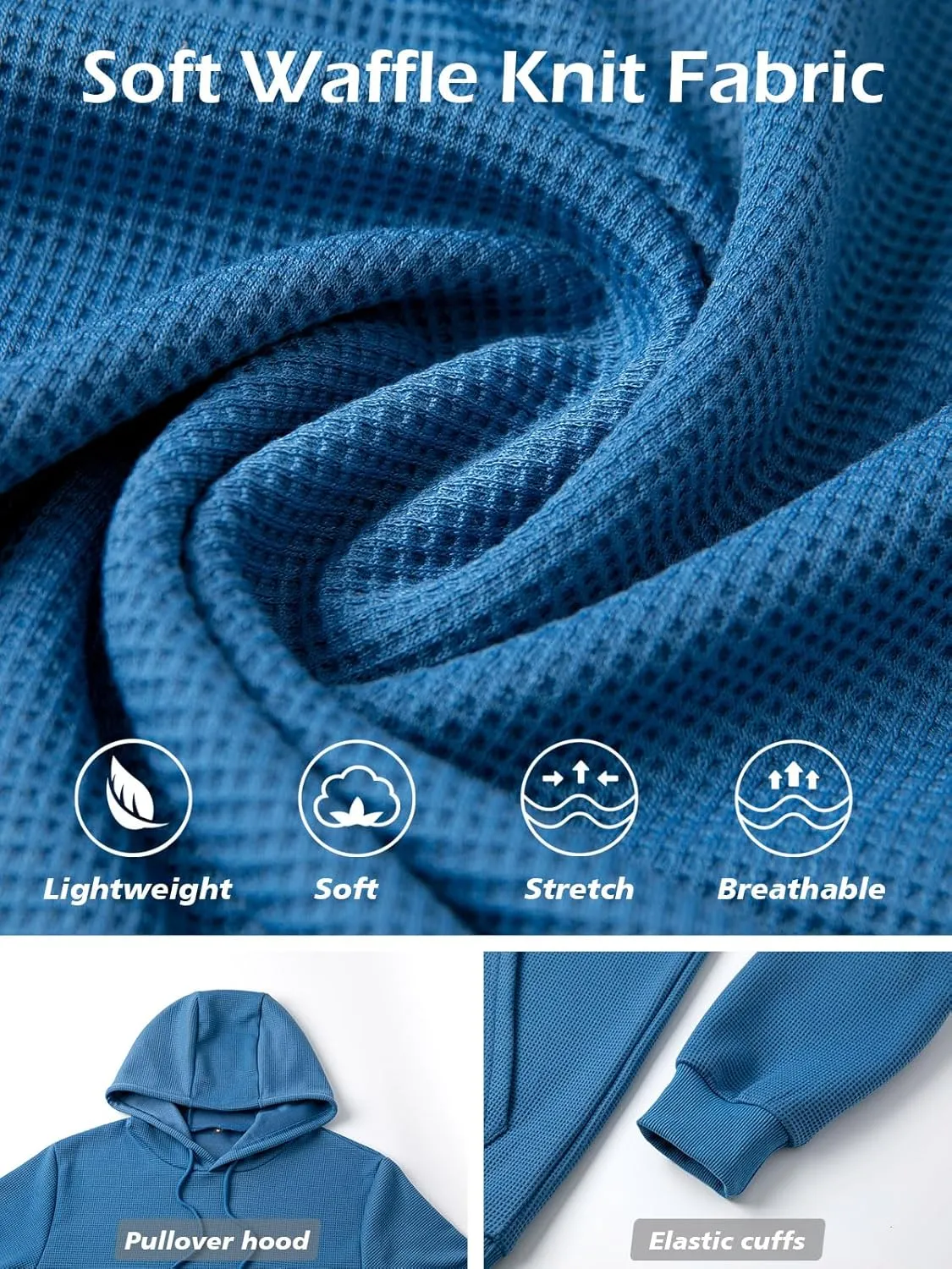 MANSDOUR Men's Hoodie Casual Long Sleeve Waffle Knit Drawstring Hoodies Pullover Sweatshirts With Pocket