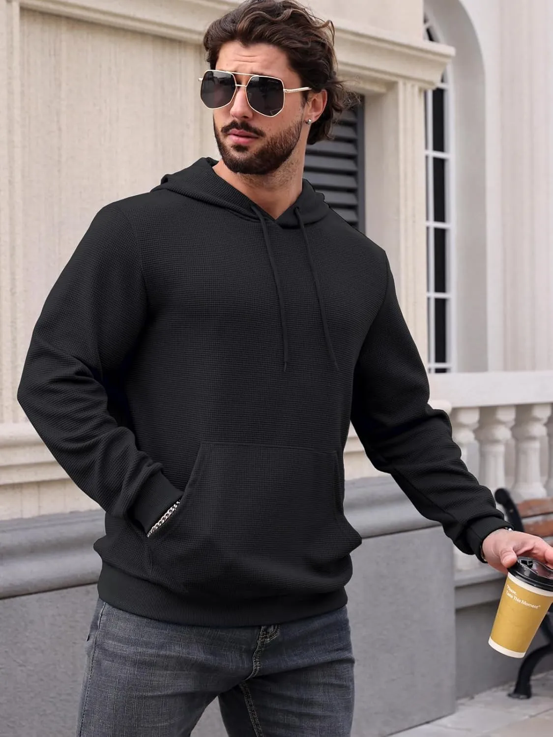MANSDOUR Men's Hoodie Casual Long Sleeve Waffle Knit Drawstring Hoodies Pullover Sweatshirts With Pocket