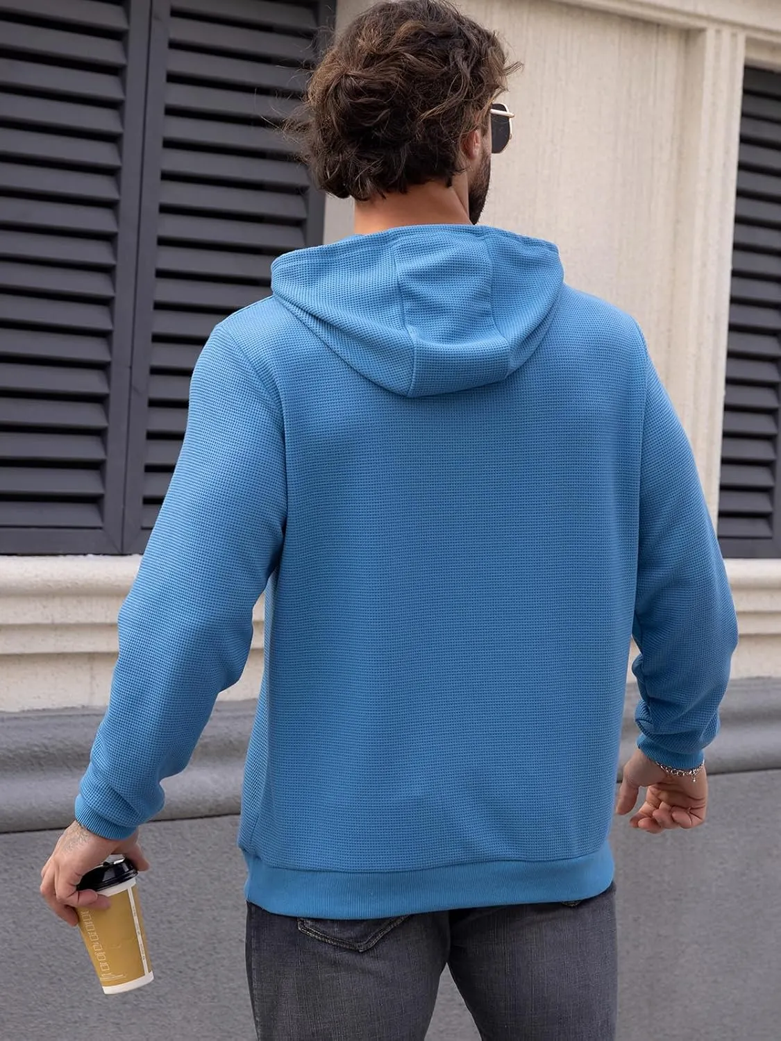 MANSDOUR Men's Hoodie Casual Long Sleeve Waffle Knit Drawstring Hoodies Pullover Sweatshirts With Pocket