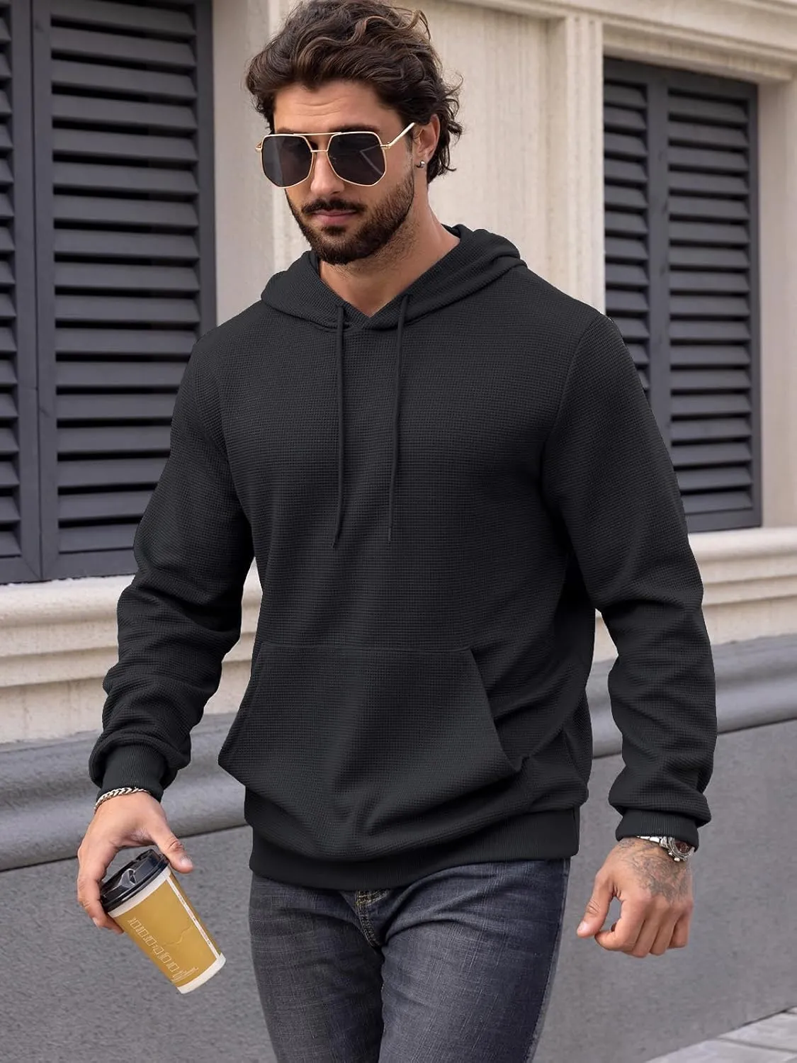 MANSDOUR Men's Hoodie Casual Long Sleeve Waffle Knit Drawstring Hoodies Pullover Sweatshirts With Pocket
