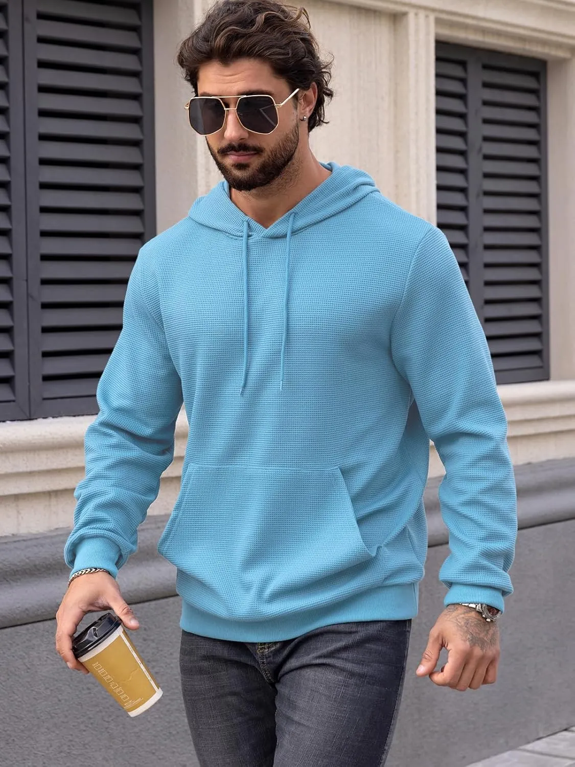 MANSDOUR Men's Hoodie Casual Long Sleeve Waffle Knit Drawstring Hoodies Pullover Sweatshirts With Pocket