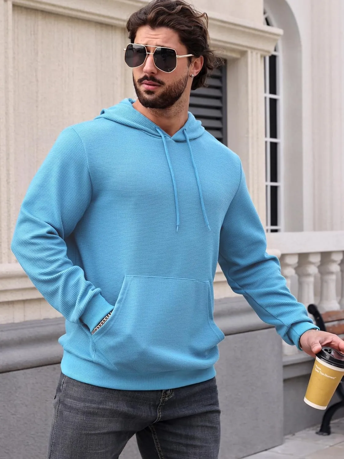 MANSDOUR Men's Hoodie Casual Long Sleeve Waffle Knit Drawstring Hoodies Pullover Sweatshirts With Pocket