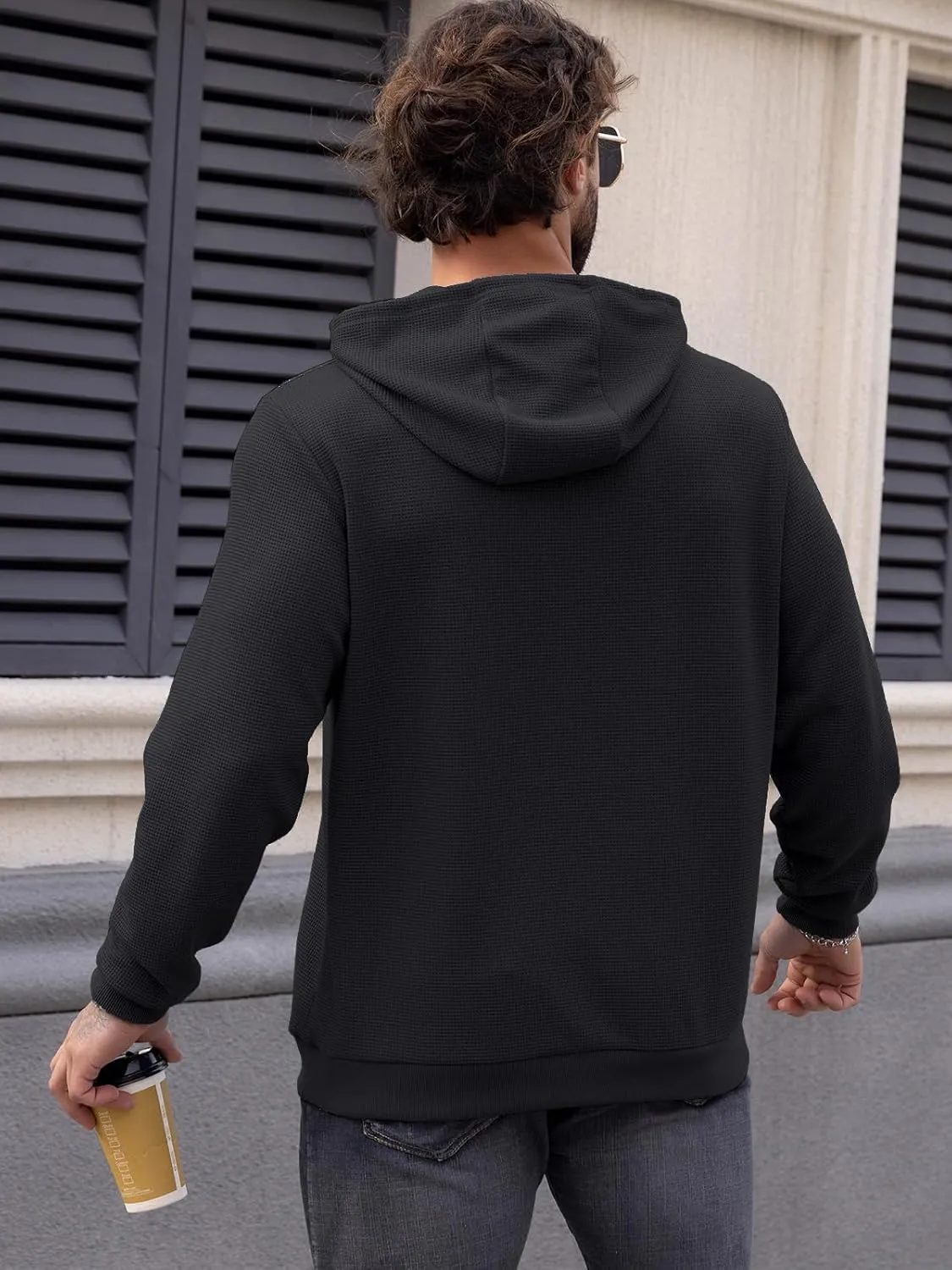 MANSDOUR Men's Hoodie Casual Long Sleeve Waffle Knit Drawstring Hoodies Pullover Sweatshirts With Pocket