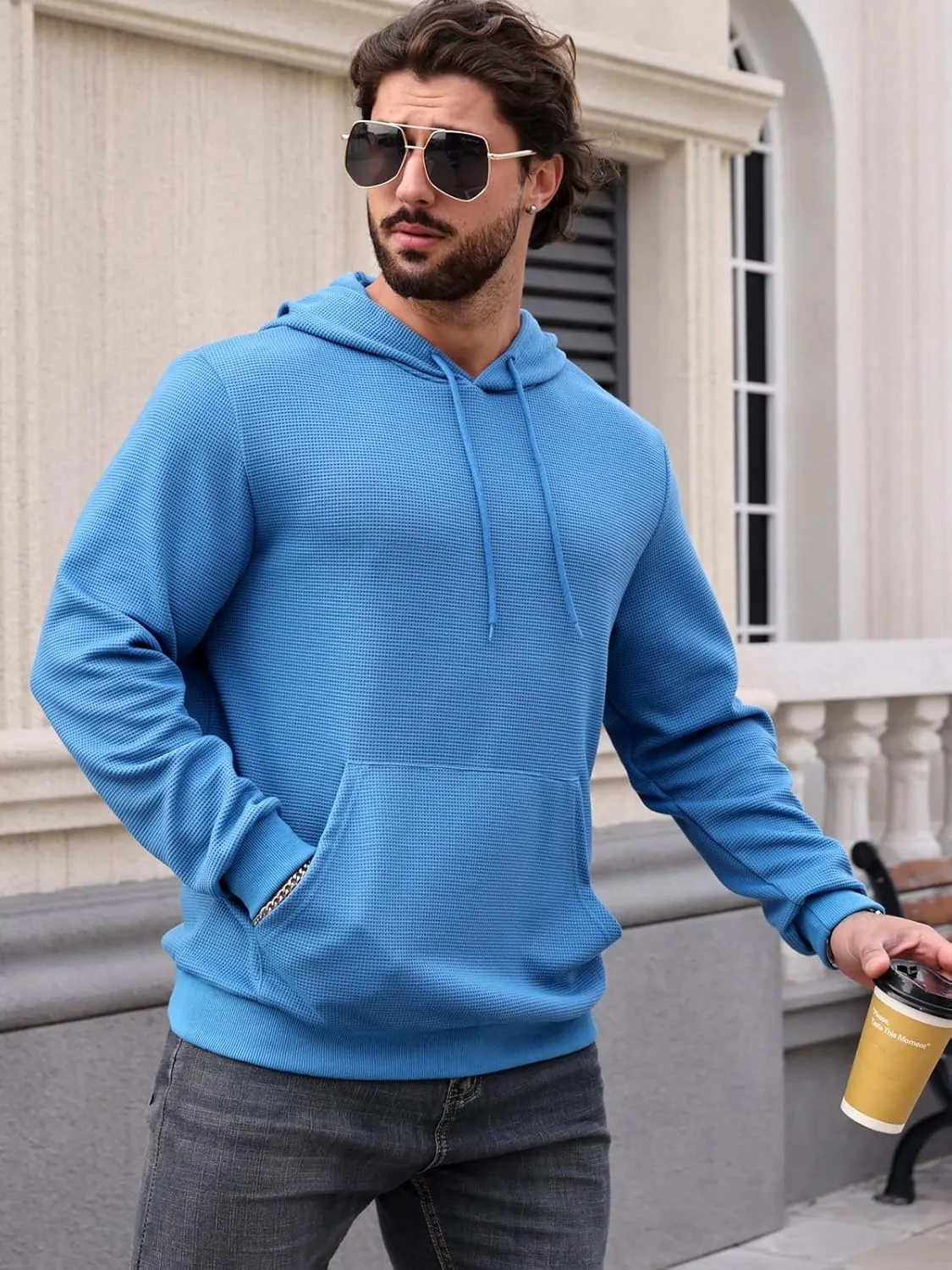 MANSDOUR Men's Hoodie Casual Long Sleeve Waffle Knit Drawstring Hoodies Pullover Sweatshirts With Pocket