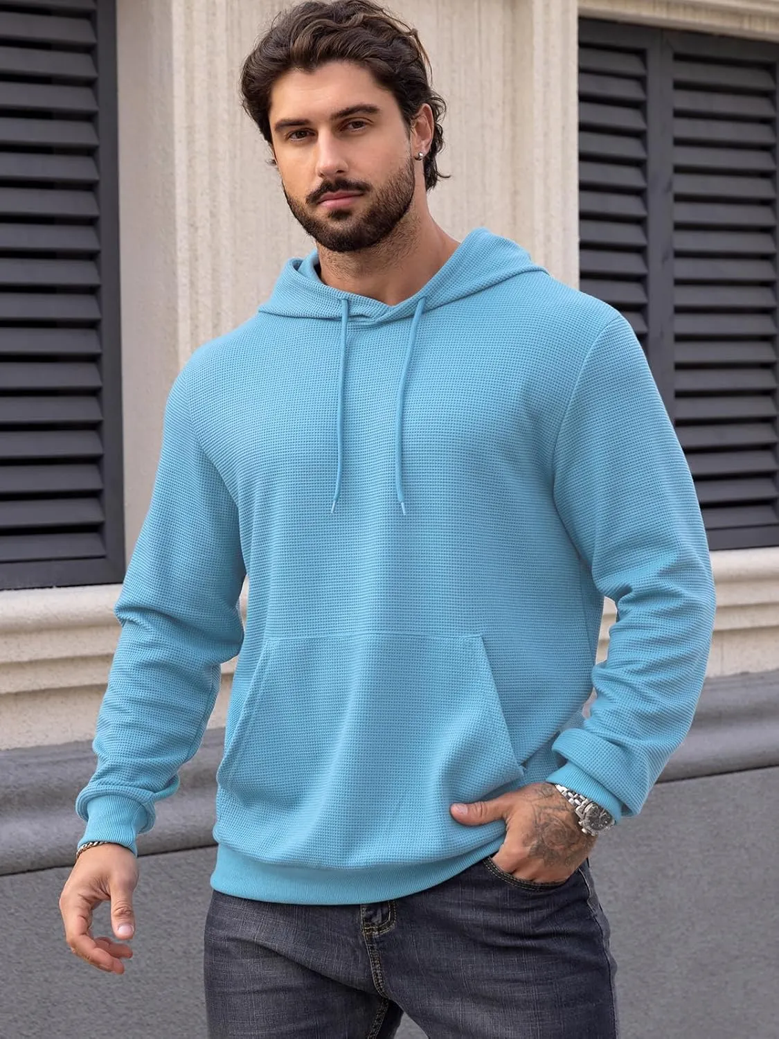 MANSDOUR Men's Hoodie Casual Long Sleeve Waffle Knit Drawstring Hoodies Pullover Sweatshirts With Pocket