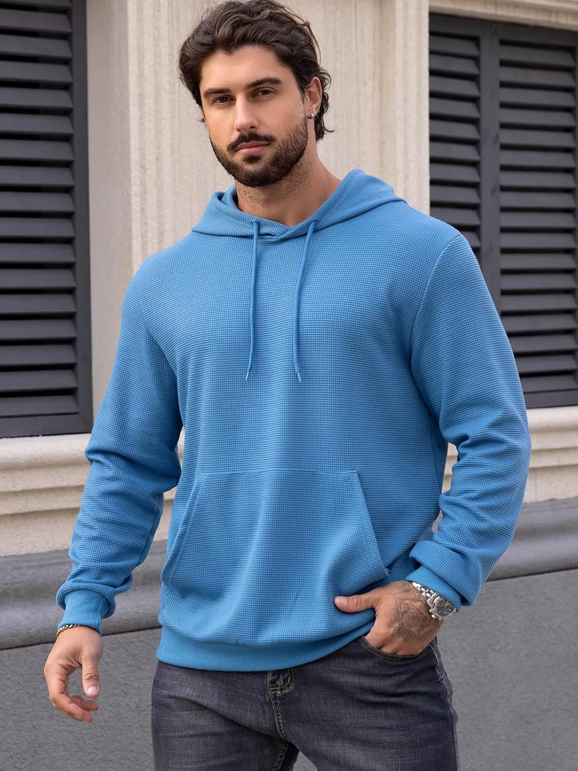 MANSDOUR Men's Hoodie Casual Long Sleeve Waffle Knit Drawstring Hoodies Pullover Sweatshirts With Pocket