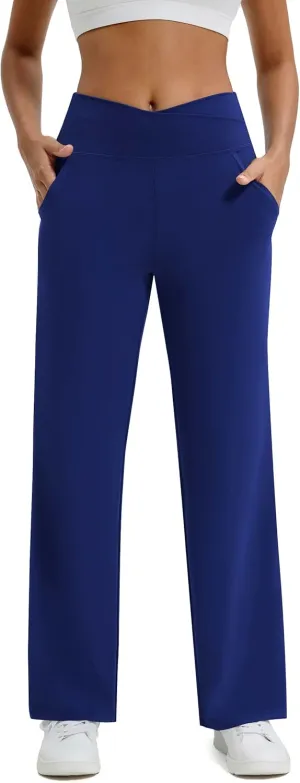 Maxbee Wide Leg Pants for Women Casual Work Pants Crossover High Waisted Yoga Pants with Pockets
