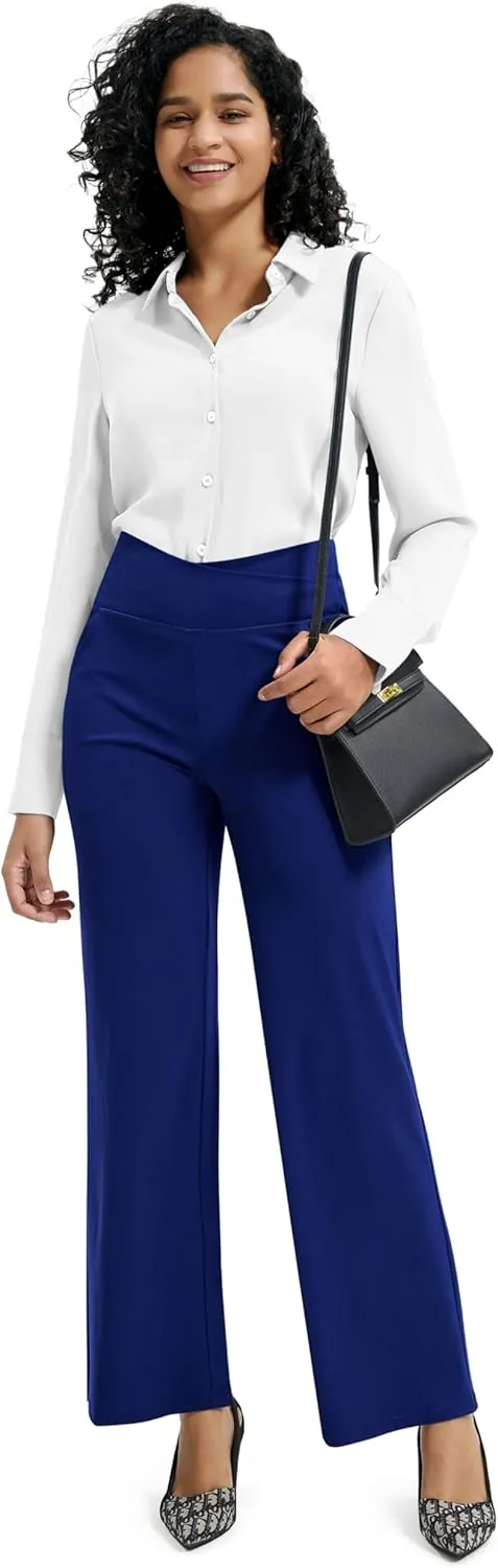 Maxbee Wide Leg Pants for Women Casual Work Pants Crossover High Waisted Yoga Pants with Pockets