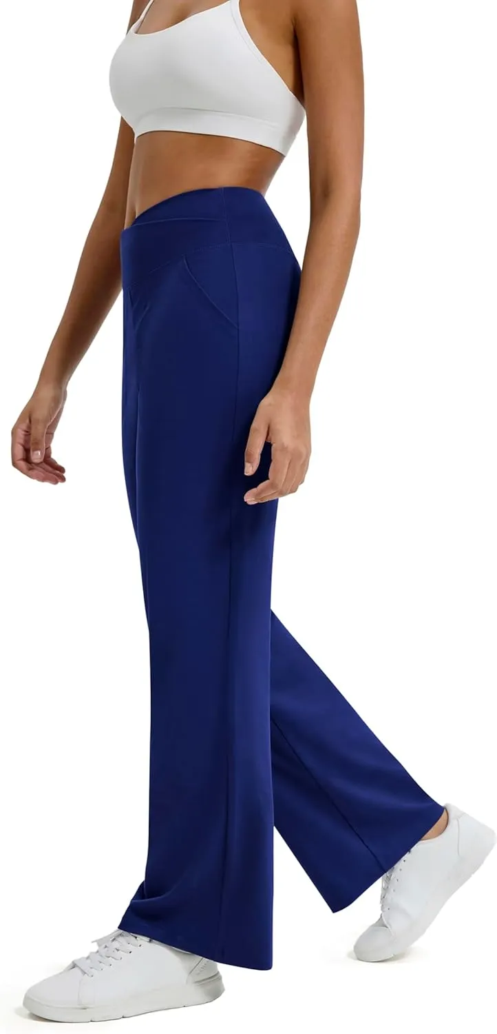 Maxbee Wide Leg Pants for Women Casual Work Pants Crossover High Waisted Yoga Pants with Pockets