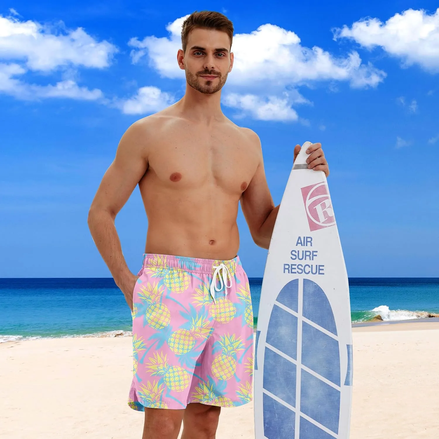 Men Swim Trunks with Compression Liner Men's 2 in 1 Bathing Suits 7 Inch Hawaiian Board Shorts