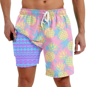 Men Swim Trunks with Compression Liner Men's 2 in 1 Bathing Suits 7 Inch Hawaiian Board Shorts