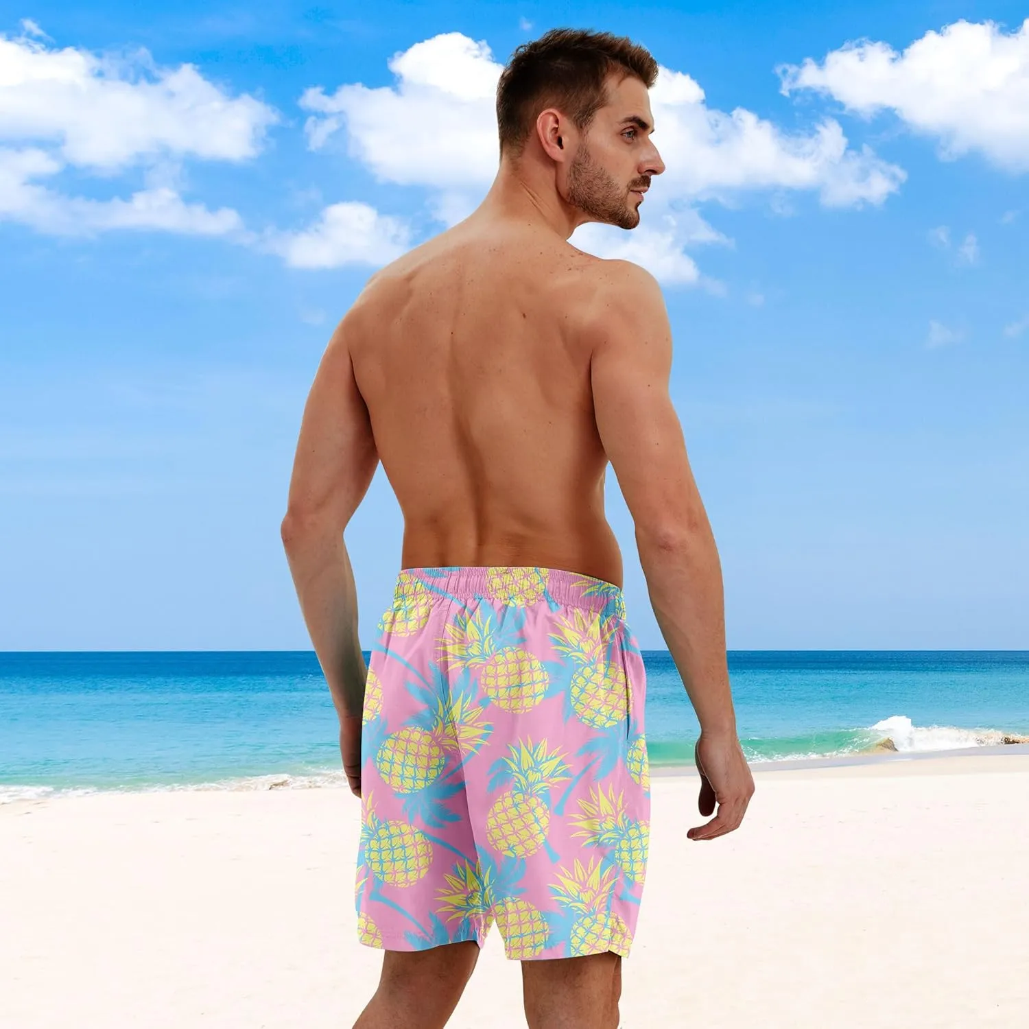 Men Swim Trunks with Compression Liner Men's 2 in 1 Bathing Suits 7 Inch Hawaiian Board Shorts