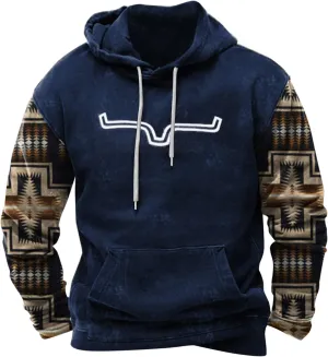 Mens Aztec Hoodie Western Hooded Sweatshirt Casual Vintage Long Sleeve Drawstring Cowboy Pullover with Pocket