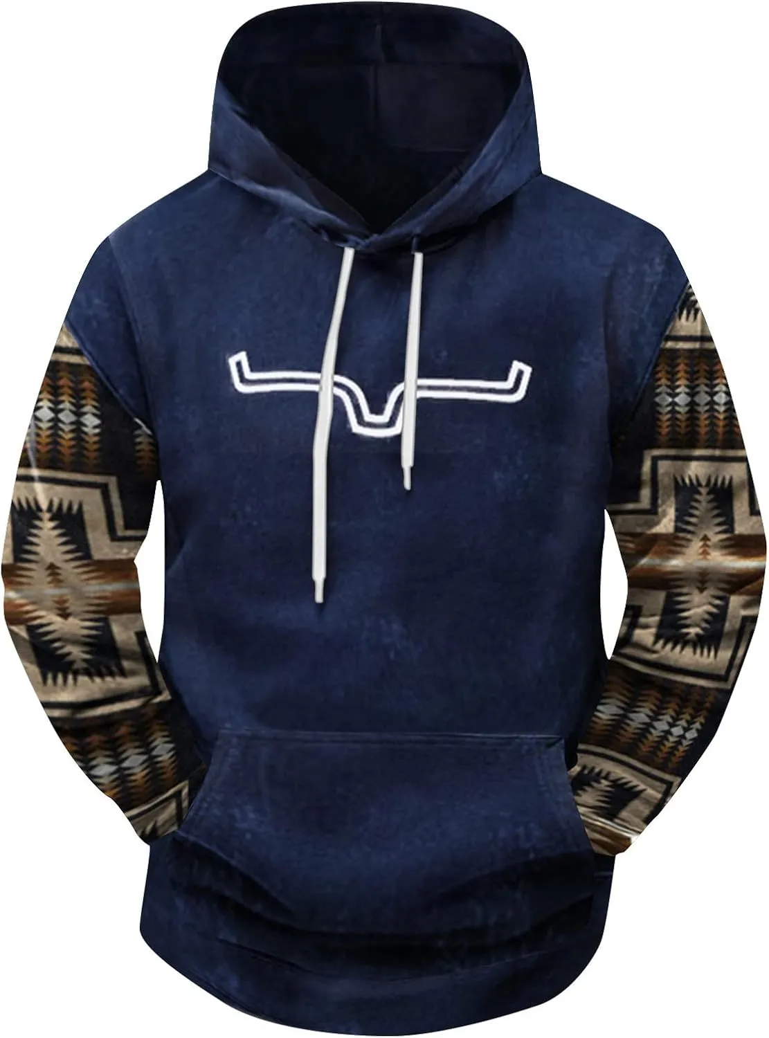 Mens Aztec Hoodie Western Hooded Sweatshirt Casual Vintage Long Sleeve Drawstring Cowboy Pullover with Pocket