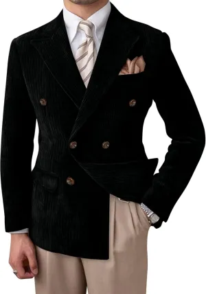 Mens Blazer Corduroy Suit Jacket Double Breasted Sports Jackets for Men Slim Fit Casual Sports Coat for Business