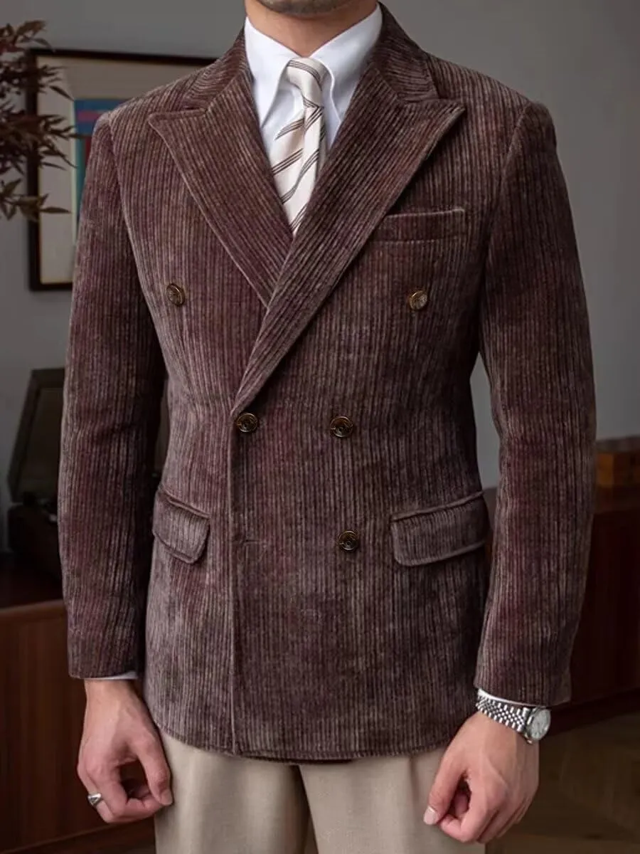 Mens Blazer Corduroy Suit Jacket Double Breasted Sports Jackets for Men Slim Fit Casual Sports Coat for Business