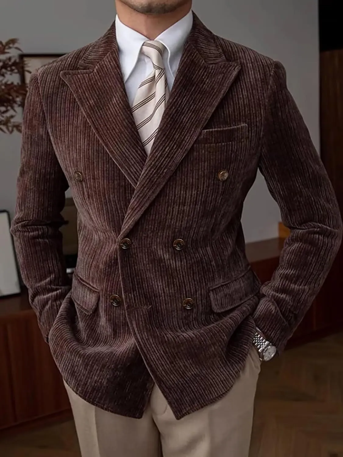 Mens Blazer Corduroy Suit Jacket Double Breasted Sports Jackets for Men Slim Fit Casual Sports Coat for Business