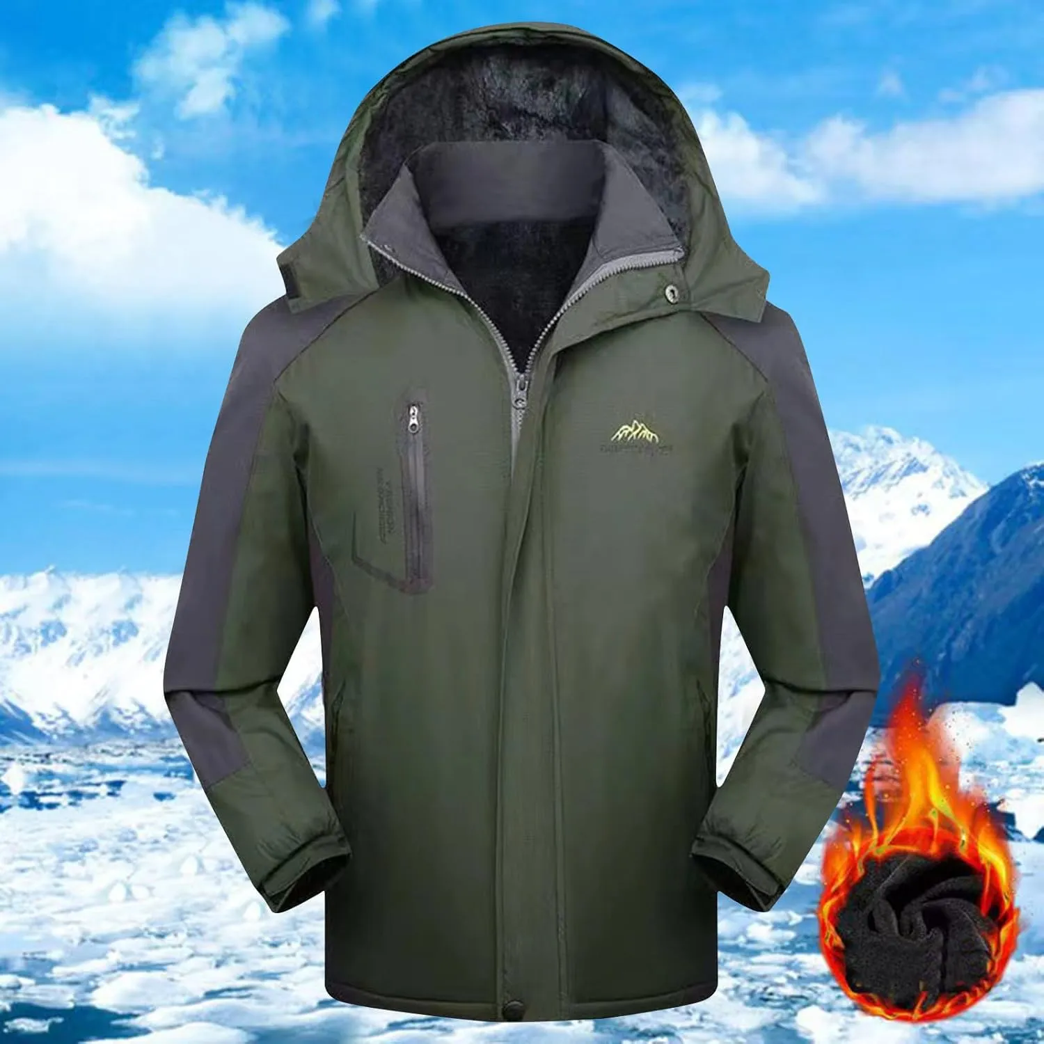 Men's Bomber Fleece Jacket Hooded Waterproof Thermal Windproof Jackets Sherpa Zip Up Winter Hiking Travel Coat