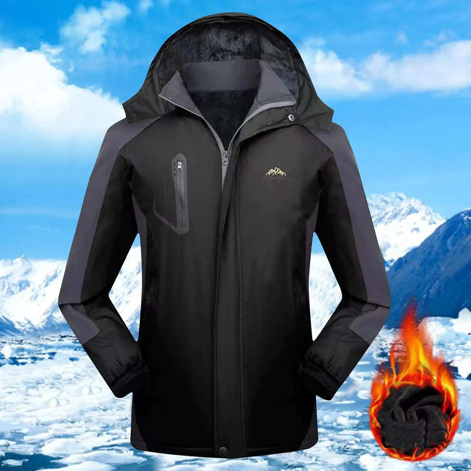 Men's Bomber Fleece Jacket Hooded Waterproof Thermal Windproof Jackets Sherpa Zip Up Winter Hiking Travel Coat