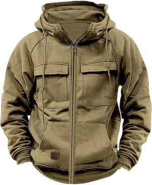 Mens Cargo Hoodies Casual Lightweight Full Zip Drawstring Tactical Hooded Sweatshirts Workout Athletic Jackets Outwear