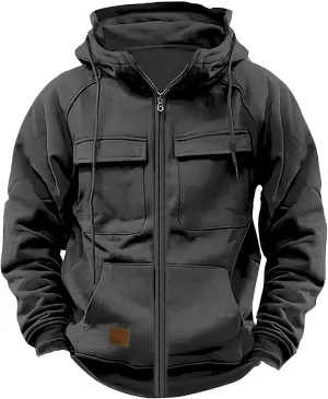 Mens Cargo Hoodies Casual Lightweight Full Zip Drawstring Tactical Hooded Sweatshirts Workout Athletic Jackets Outwear