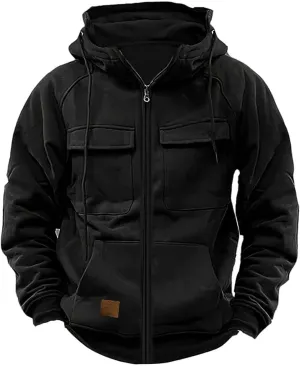 Mens Cargo Hoodies Casual Lightweight Full Zip Drawstring Tactical Hooded Sweatshirts Workout Athletic Jackets Outwear