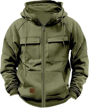 Mens Cargo Hoodies Casual Lightweight Full Zip Drawstring Tactical Hooded Sweatshirts Workout Athletic Jackets Outwear