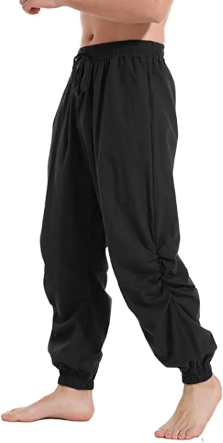 Men's Casual Cotton Linen Pants Elastic Waist Drawstring Yoga Jogger Pirate Pants for Yoga Jogging Lounging