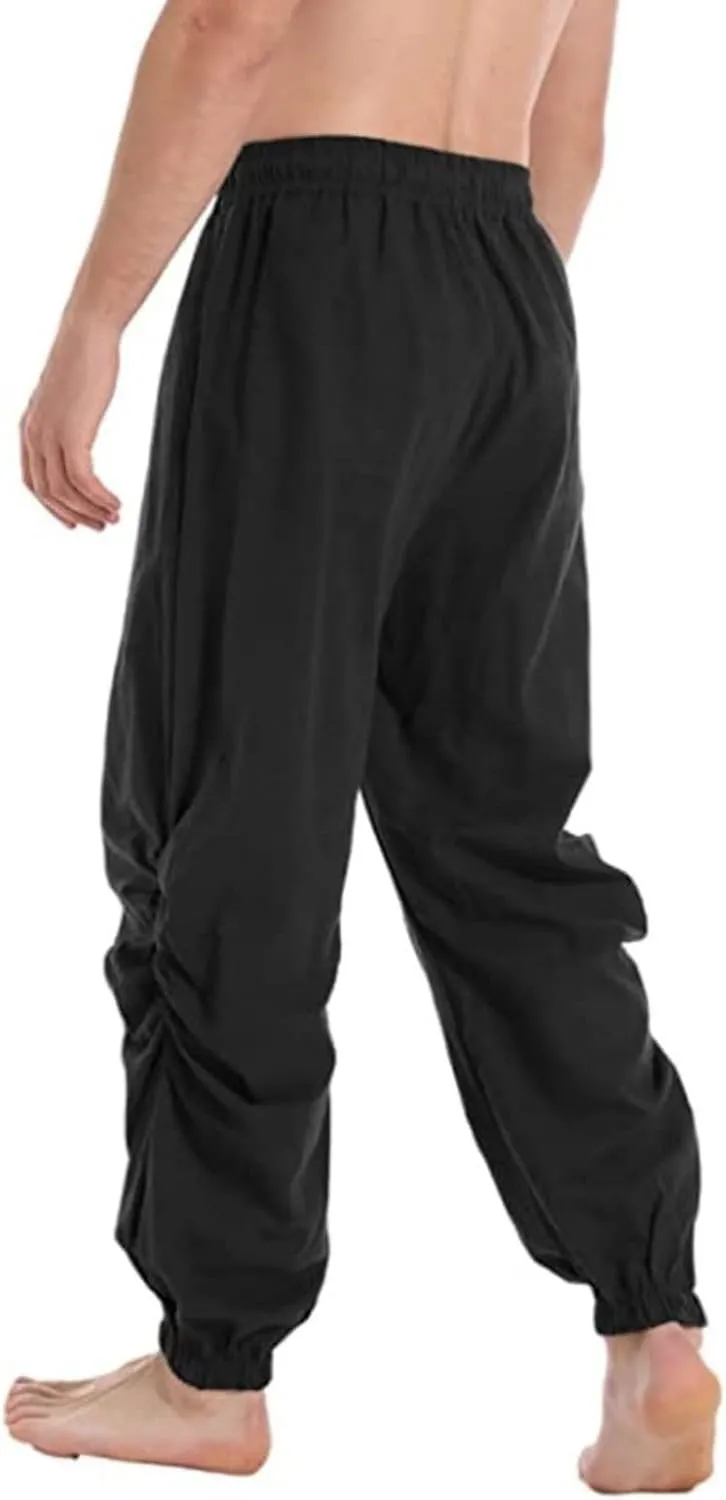 Men's Casual Cotton Linen Pants Elastic Waist Drawstring Yoga Jogger Pirate Pants for Yoga Jogging Lounging