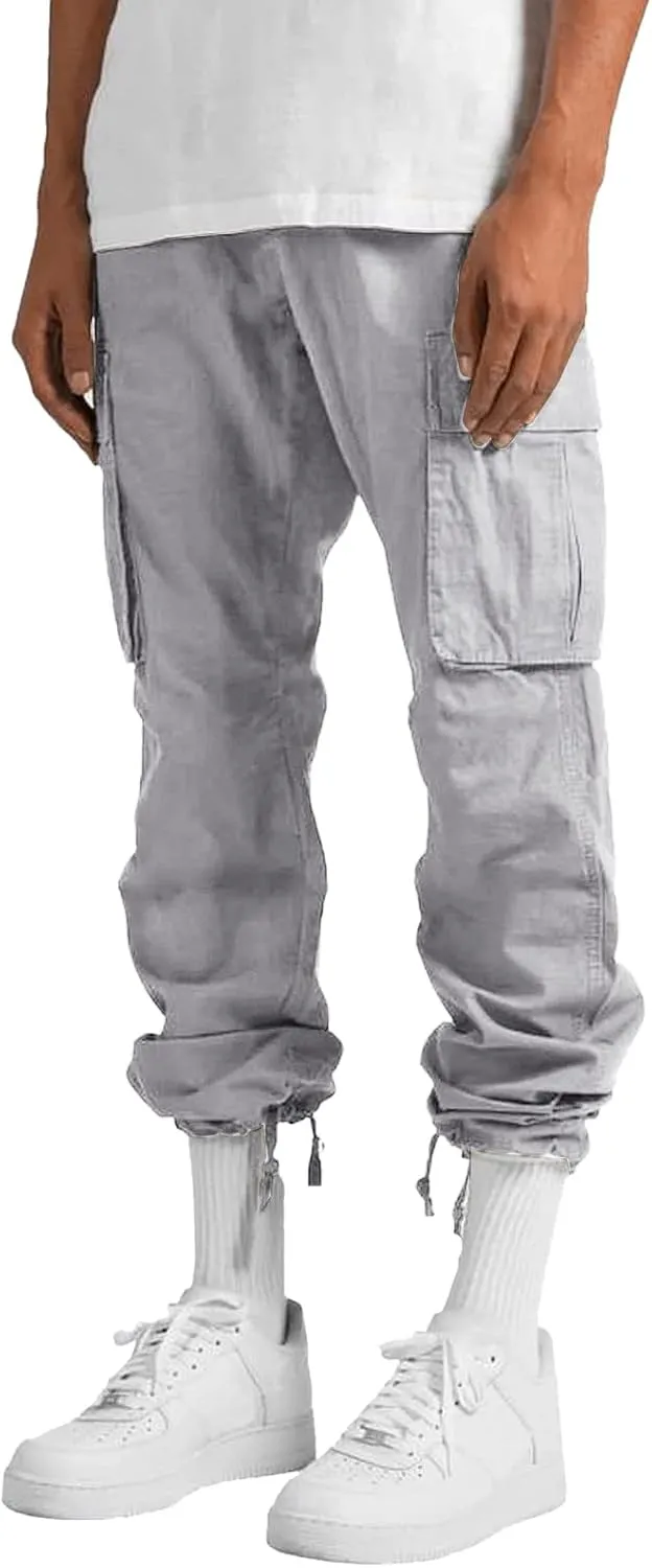 Mens Casual Waist Color Sports Hat Woven Pocket Foot Rope Solid Pants Street Cargo Tie Men Cargo Pants with