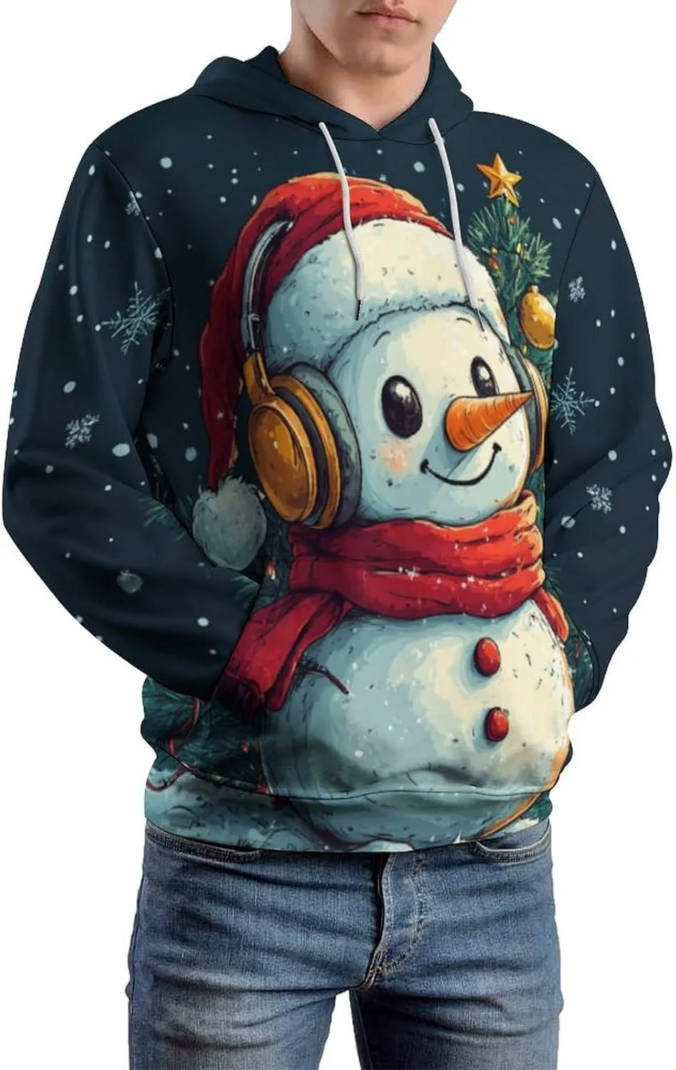 Mens Christmas Oversized Pullover Hoodies Fashion Western Xmas Graphic Long Sleeve Sweatshirt with Kangaroo Pocket