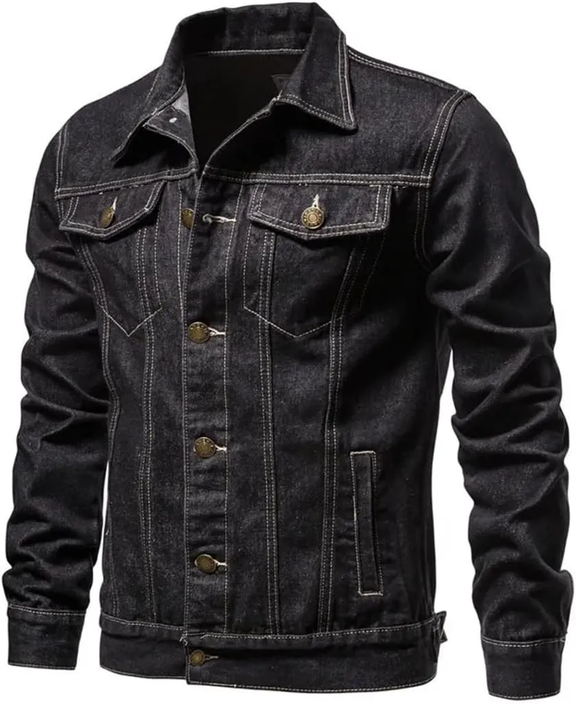 Men's Denim Jacket Solid Lapel Motorcycle Slim Fit Cotton Jacket Coat