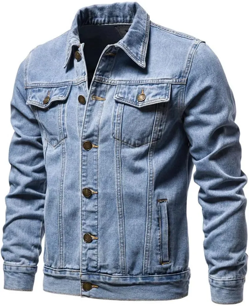 Men's Denim Jacket Solid Lapel Motorcycle Slim Fit Cotton Jacket Coat