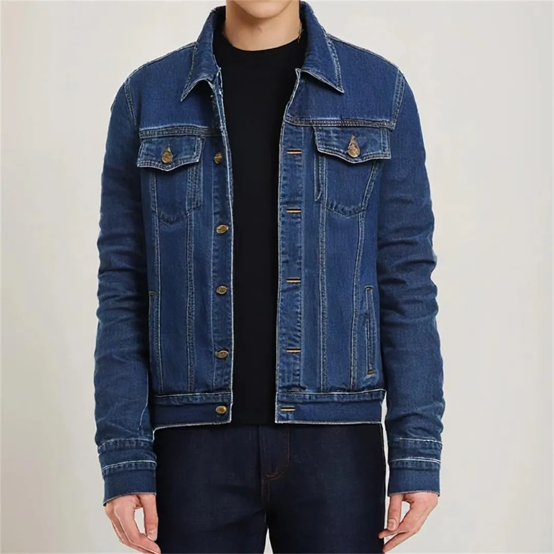 Men's Denim Jacket Solid Lapel Motorcycle Slim Fit Cotton Jacket Coat