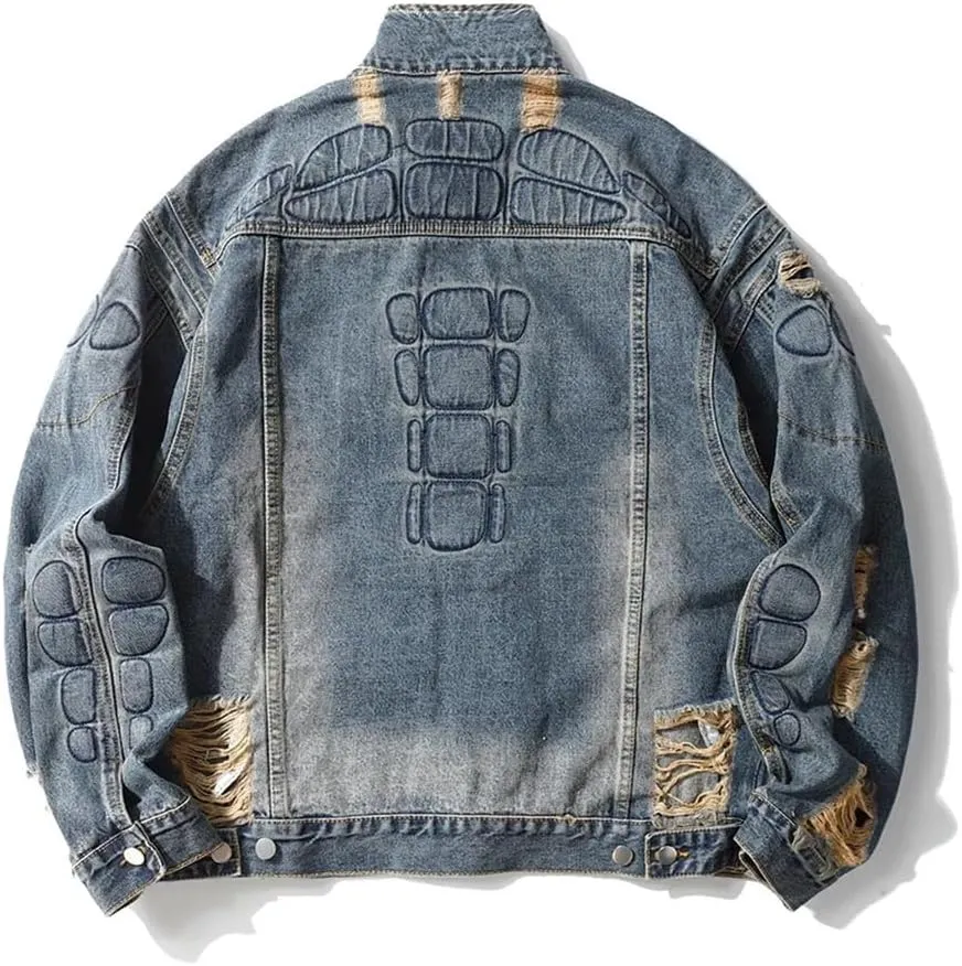 Men's High Street Ripped Biker Jeans Jacket Loose Fit Motorcycle Rider Washed Distressed Outerwear