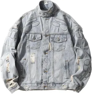Men's High Street Ripped Biker Jeans Jacket Loose Fit Motorcycle Rider Washed Distressed Outerwear