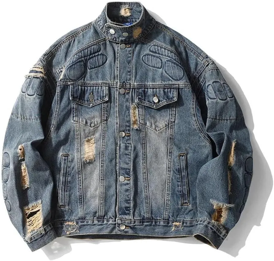 Men's High Street Ripped Biker Jeans Jacket Loose Fit Motorcycle Rider Washed Distressed Outerwear