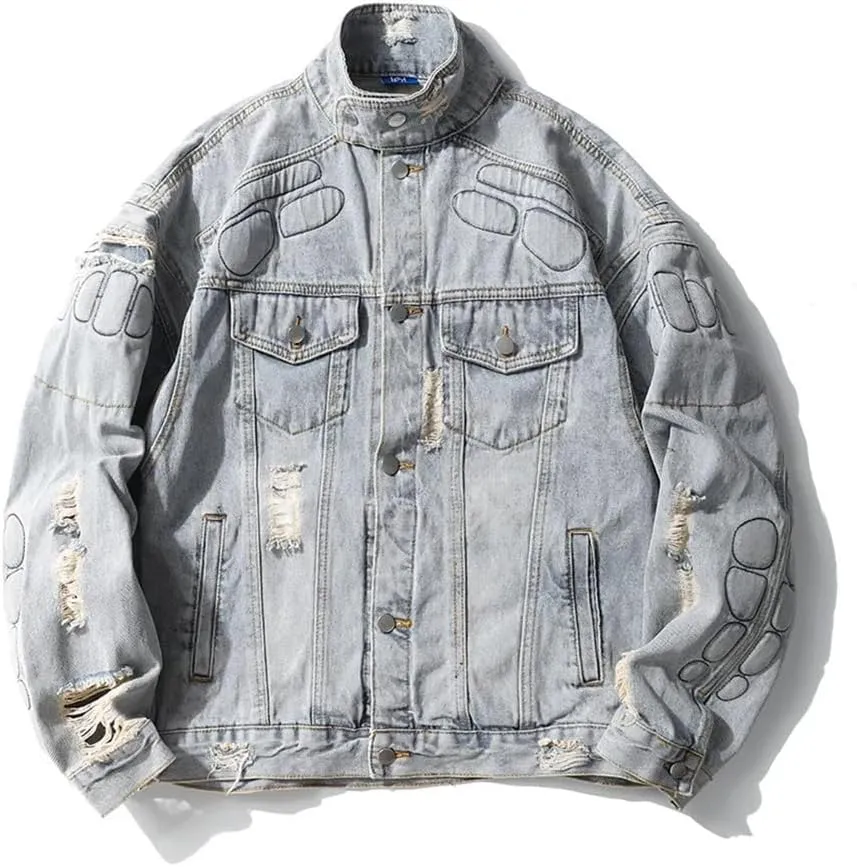 Men's High Street Ripped Biker Jeans Jacket Loose Fit Motorcycle Rider Washed Distressed Outerwear