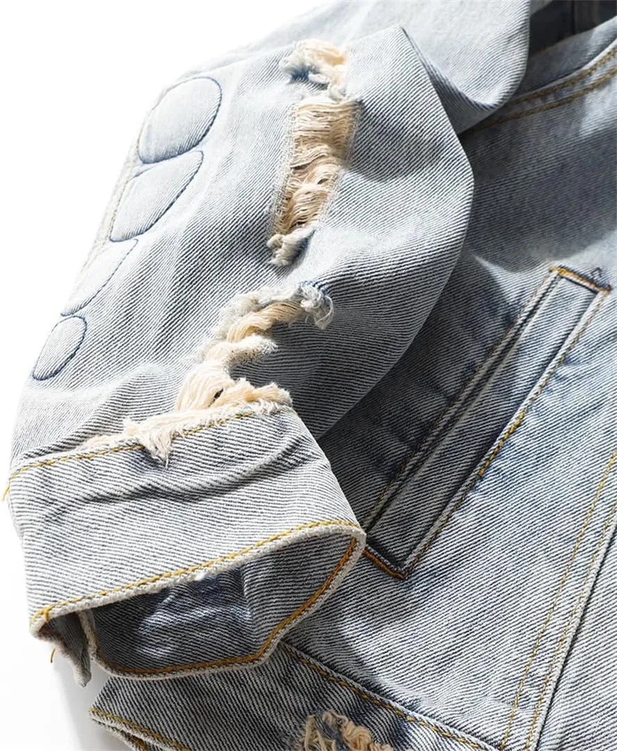 Men's High Street Ripped Biker Jeans Jacket Loose Fit Motorcycle Rider Washed Distressed Outerwear