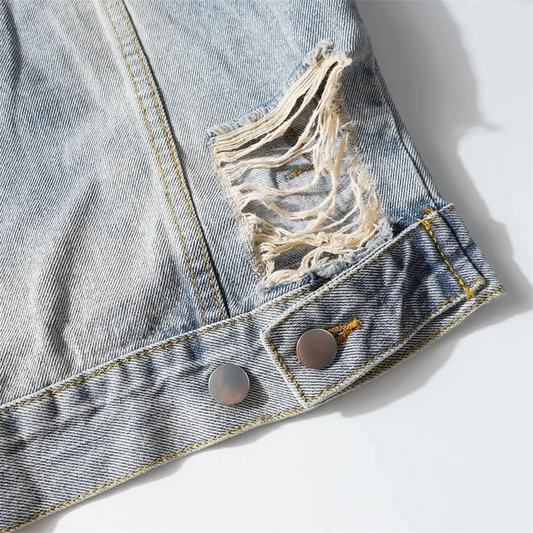 Men's High Street Ripped Biker Jeans Jacket Loose Fit Motorcycle Rider Washed Distressed Outerwear