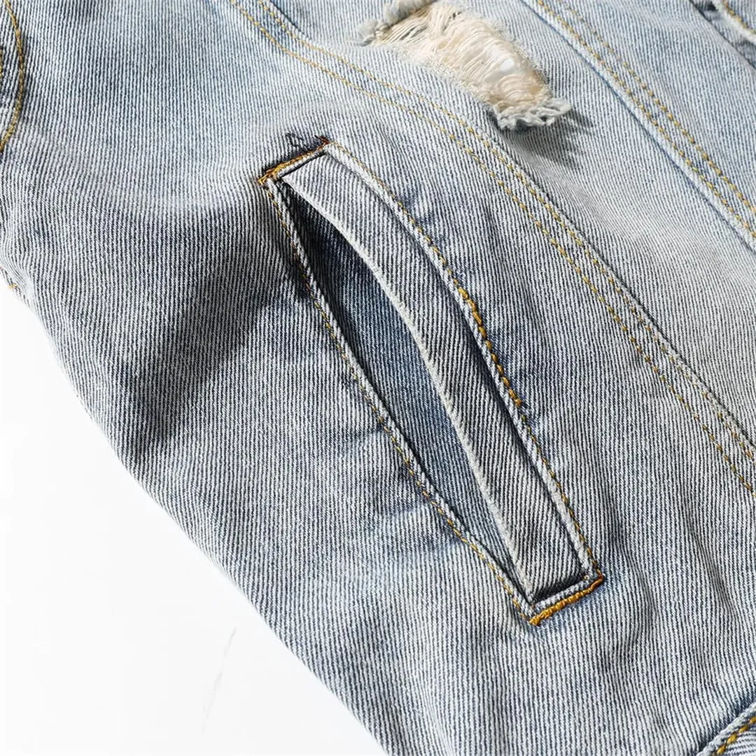 Men's High Street Ripped Biker Jeans Jacket Loose Fit Motorcycle Rider Washed Distressed Outerwear