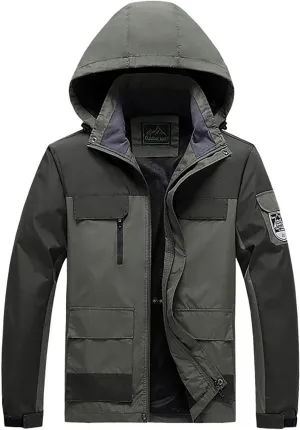 Men's Hooded Windproof Jackets Fall Winter Warm Mountain Windbreaker Soft Shell Hiking Rain Coats Multi Pockets