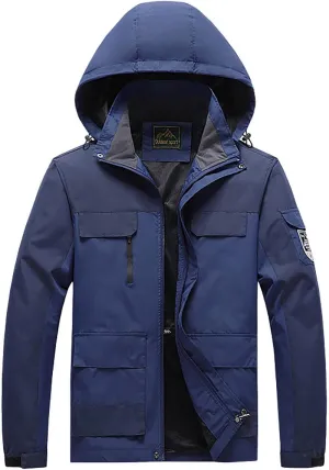 Men's Hooded Windproof Jackets Fall Winter Warm Mountain Windbreaker Soft Shell Hiking Rain Coats Multi Pockets
